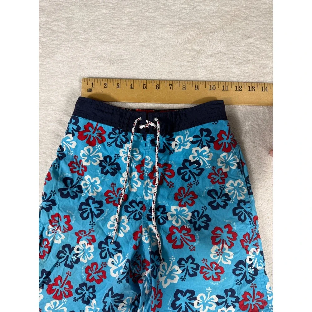 Tommy Hilfiger Swim Trunks Kids M Blue Red Hibiscus Floral Vintage Y2K Beachwear